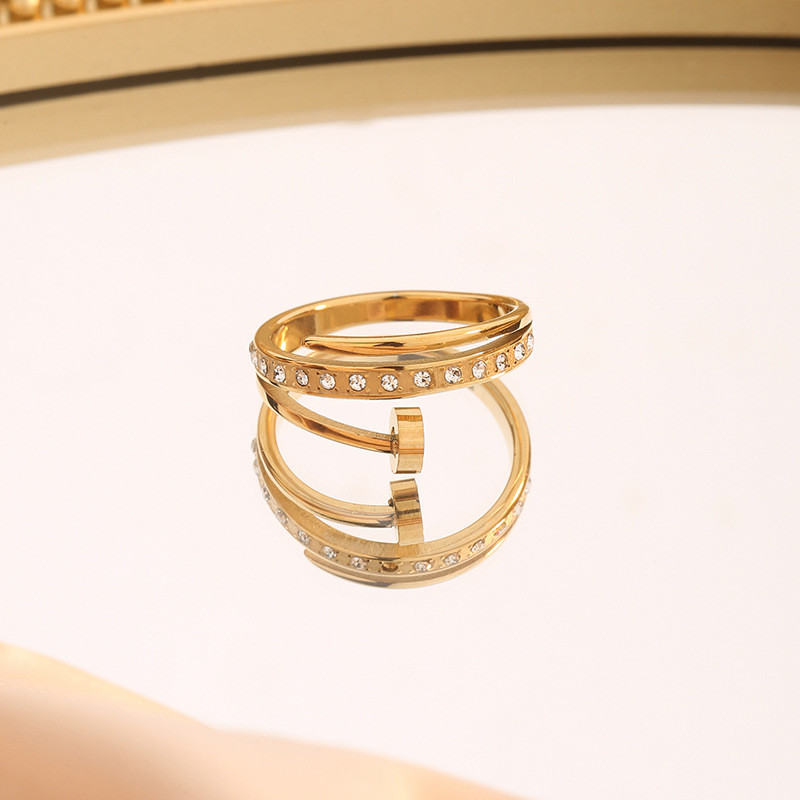 Cross-Border Hot-Selling Trendy Personality Nail Inlaid Diamond Titanium Steel Ring for Women Geometric Design Popular Versatile Ring Index Finger Ring