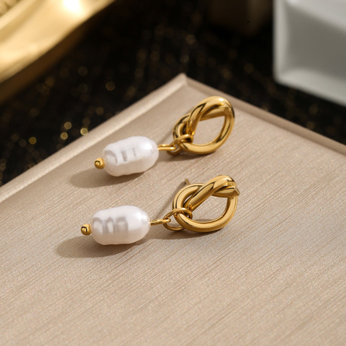 Jewelry French Light Luxury Titanium Steel Chanel Style Pearl Earrings 18K Knotted Pearl Stud Earrings for Women with...
