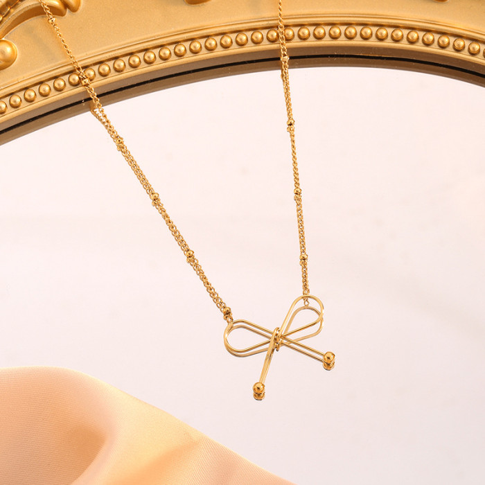 Minimalist Niche Cool Style Bow Pendant Design Sense Jewelry Geometric Clip Bead Chain Titanium Steel Gold Plated Jewelry Set