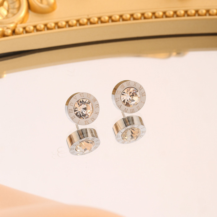 Korean and Japanese Style Simple Fashion Round Stone-Studded Roman Numeral Titanium Steel Earrings for Women, Inter...