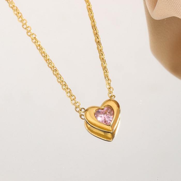 Fashion INS Heart Pink Diamond Simple Zircon Sparkling Collarbone Chain Heart Light Luxury Trendy High-End Versatile Sweater Chain