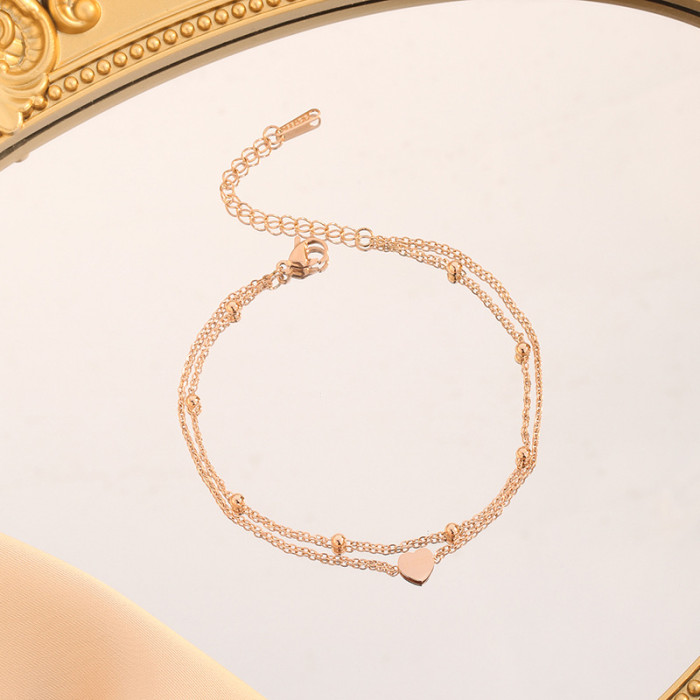 Cross-Border New Anklet Jewelry Trendy Simple Round Bead Chain Lucky Heart Anklet Stainless Steel Double Layer Foot Jewelry Wholesale