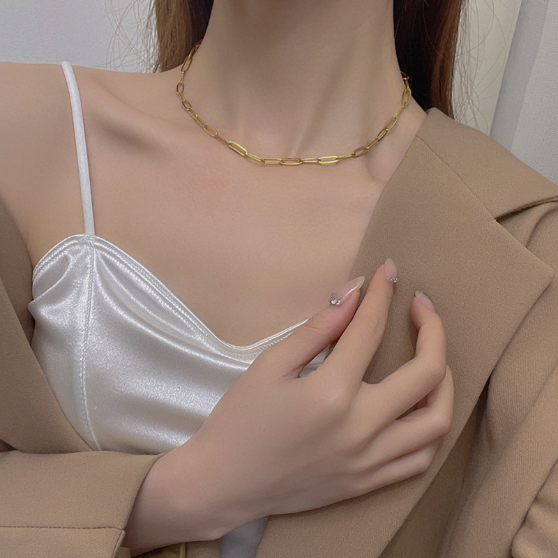 European and American Style Hip-Hop Trend Geometric Element Fashion Simple Titanium Steel Bare Plated 18K Gold Bracelet Clavicle Chain Set