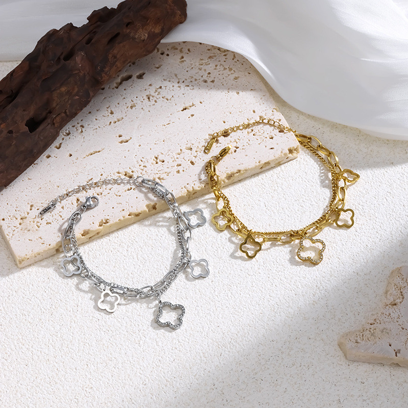 European and American Cross-Border Elegant High-End Double-Layer Four-Leaf Inlaid Diamond Titanium Steel Bracelet for Women, Niche Design, Minimalist Style Women's Jewelry