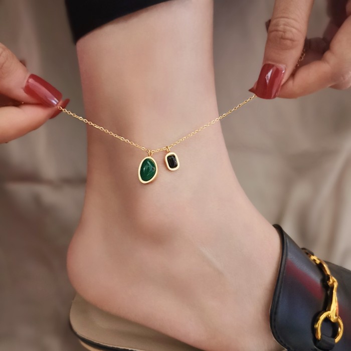 Light Luxury New Style Emerald Black Onyx Titanium Steel Anklet for Women High-end Feel Versatile Double Pendant Non-...