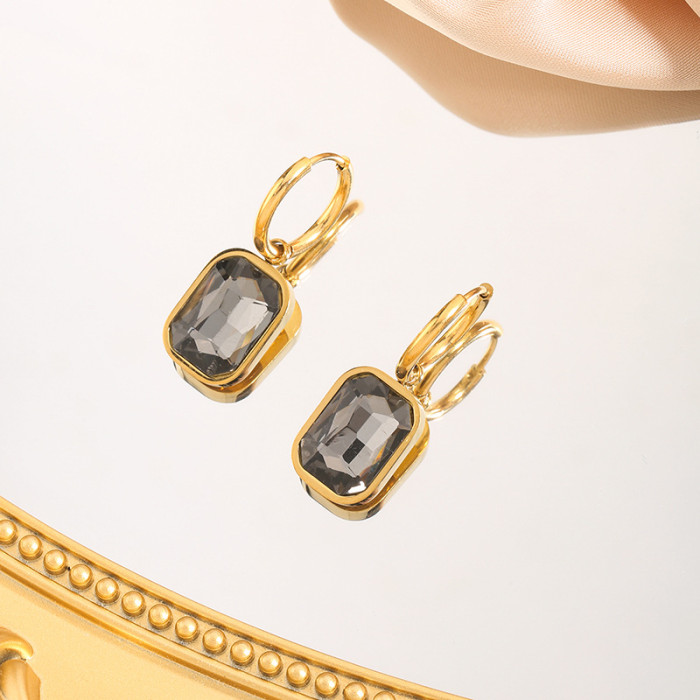 European and American Fashion New Niche Micro Inlaid Earrings Titanium Steel Plated 18K Gold Cut Angle Rectangular Zircon Pendant Earrings for Women