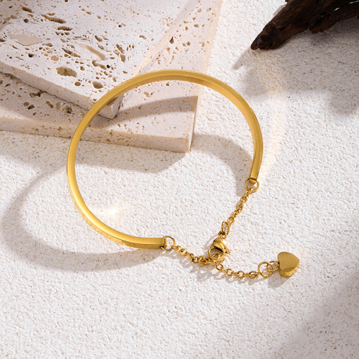 Simple Romantic Fashion Stainless Steel 18K Gold Plated Heart Pendant C-Shaped Bracelet Versatile Bangle Trendy, Neck...