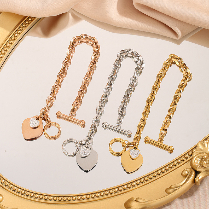 European and American Cross-Border Source Heart Stainless Steel Jewelry Personalized Versatile Hand Accessories OT Buckle Trendy Titanium Steel Bracelet