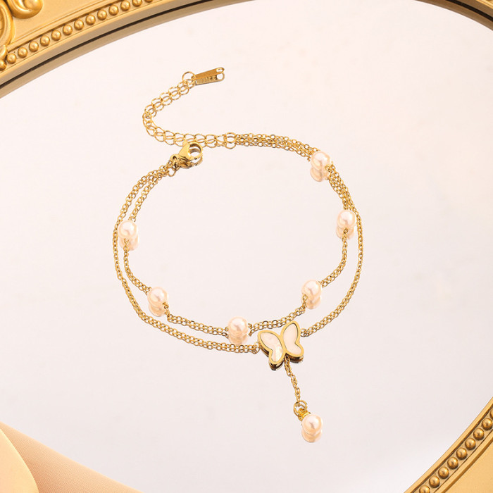 Stainless Steel Anklet for Women Korean Fashion Double Layer Pearl Butterfly Pendant Shell Anklet Titanium Steel Jewe...