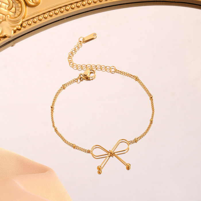 Minimalist Niche Cool Style Bow Pendant Design Sense Jewelry Geometric Clip Bead Chain Titanium Steel Gold Plated Jewelry Set