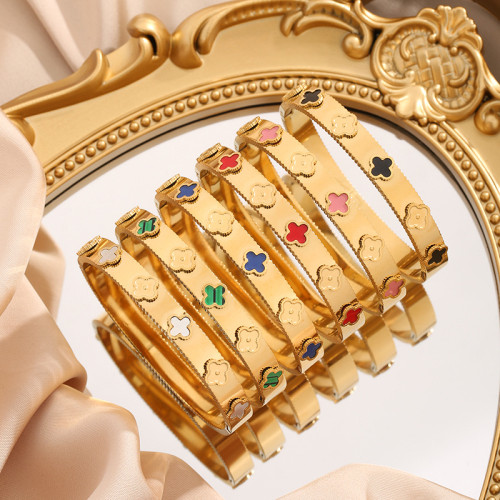 Cross-Border Trade New Fashion Flower Stainless Steel Bracelet for Women High-End Three-Dimensional Mother-of-Pearl Four-Leaf Clover Titanium Steel Bracelet
