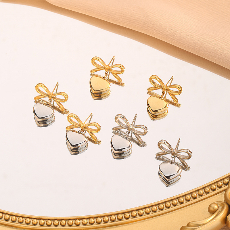 European and American Cross-Border INS Style Popular Personality 18K Gold Stainless Steel Bowknot Heart Pendant Earrings Wholesale for Women