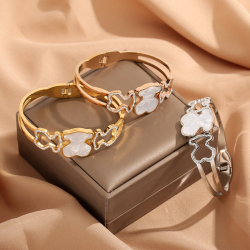 Niche Fashion Bear Full Diamond White Shell Titanium Steel Bracelet for Women, European and American Light Luxury Versatile Internet Celebrity Hot Item Non-Fading Bracelet