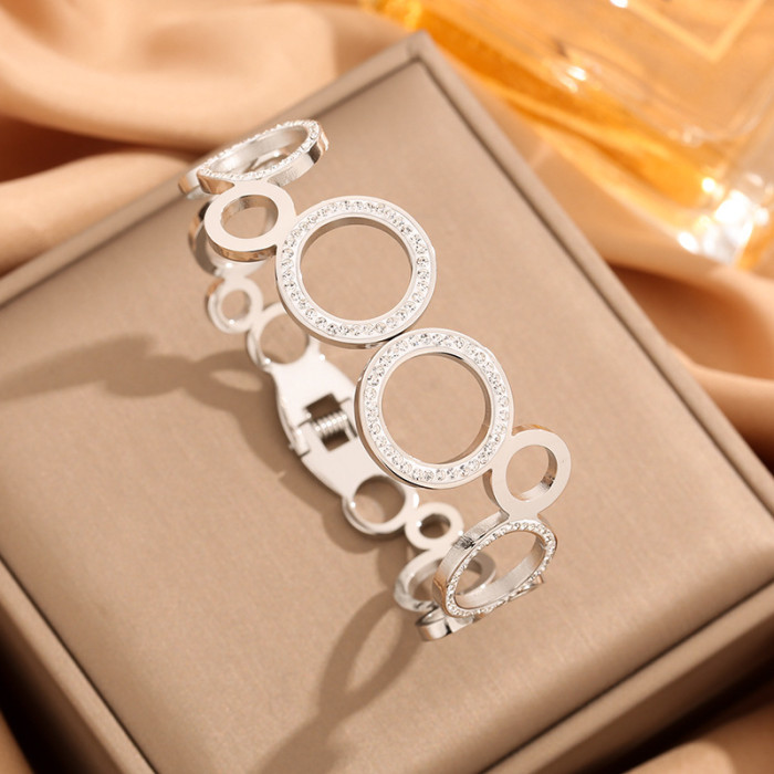 Fashion Hollow Circle Stone-Studded Round Bracelet for Women Trendy Versatile Stainless Steel Jewelry Gold Plated B...