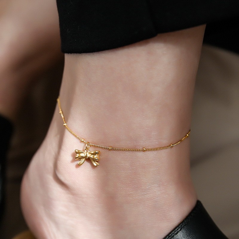 Exquisite Light Luxury Runaway Princess Bowknot Anklet Titanium Steel Plated 18K Gold Non-Fading Versatile Simple Gift Foot Chain