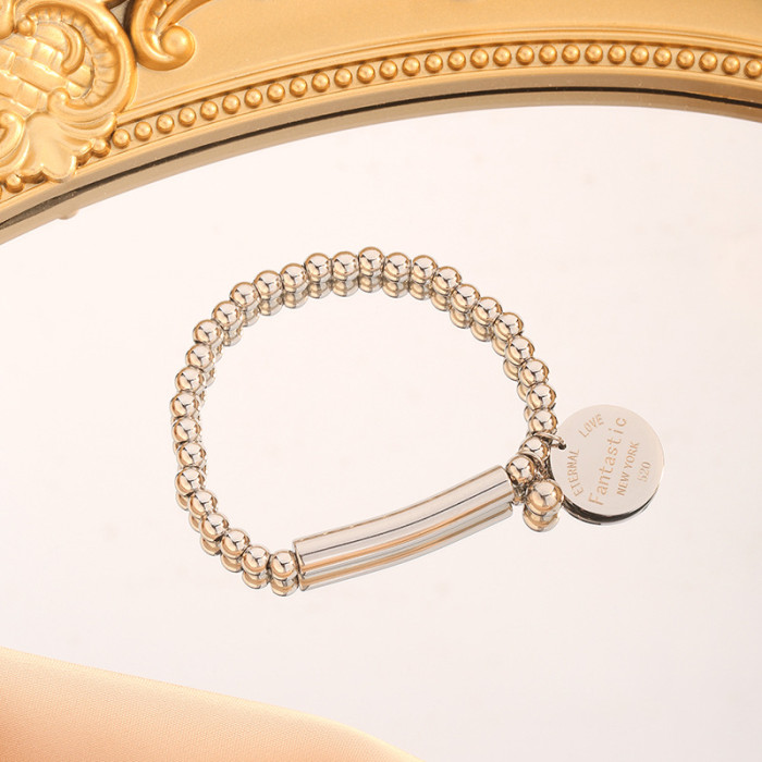 Simple Round Bead Titanium Steel Bracelet for Women Fashionable Versatile Letter Round Plate Bracelet Internet Celebr...