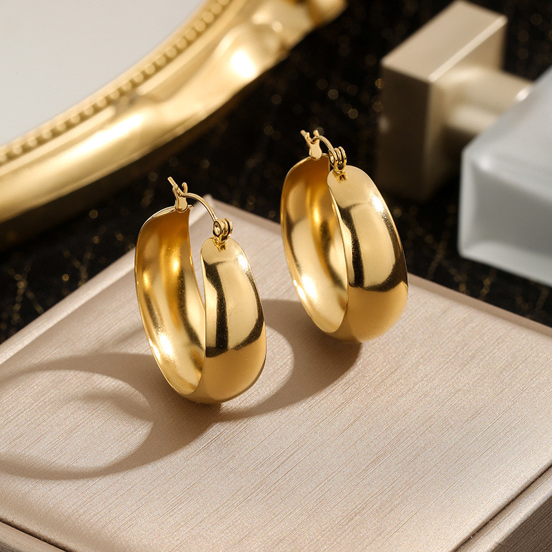 Cross-Border E-commerce Ins European and American Wide Curved High-End Stainless Steel 18k Gold Earrings Ear Clips Vintage Earrings Hoops