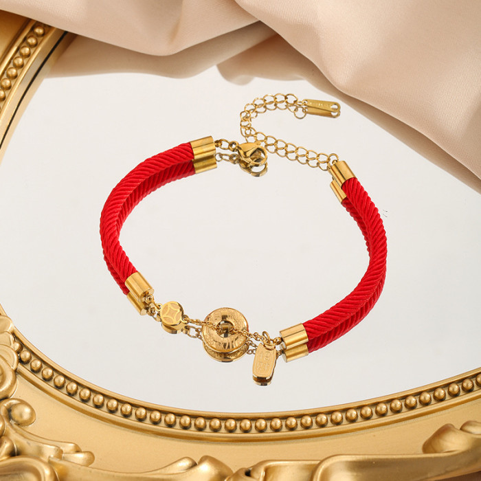 Red Rope Bracelet Titanium Steel Fashion Red Rope Lucky Fortune Character Bracelet Coin Simple Style Niche 18K Gold C...