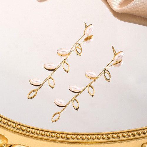European and American INS Style Light Luxury Pearl Hollow Willow Leaf Titanium Steel Earrings Niche Design Tassel Long Hanging Earrings