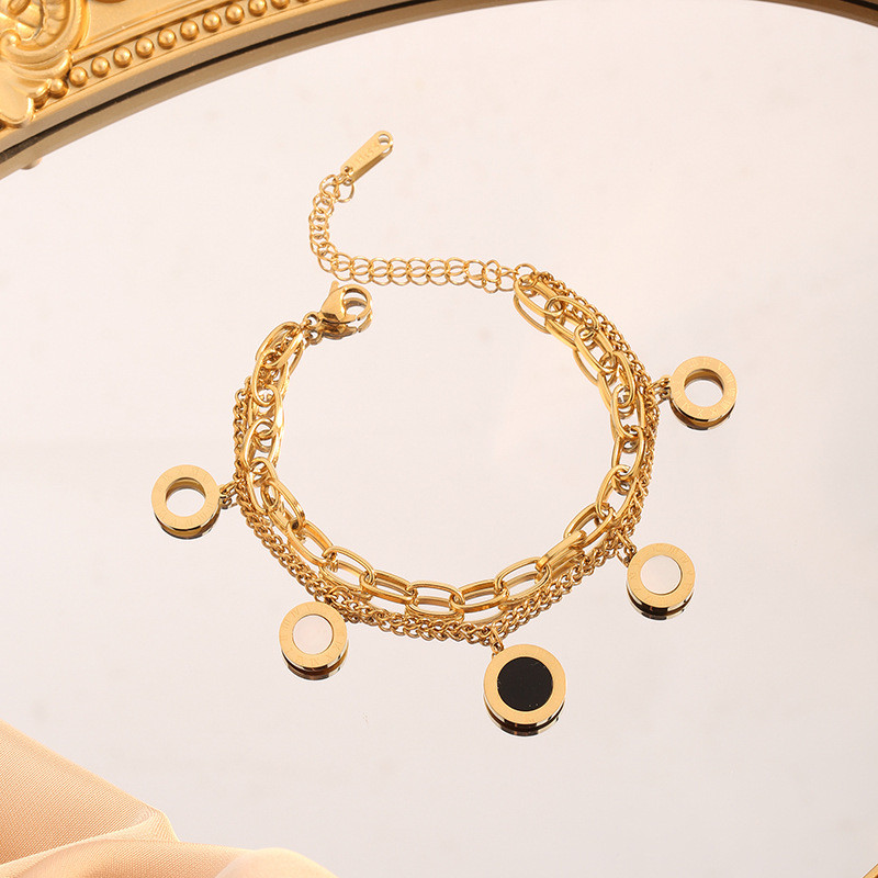 Cross-Border Hollow Roman Numeral Titanium Steel Bracelet for Women Double-Sided Shell Double-Layer Chain Jewelry 18k Rose Gold Elegant Trendy