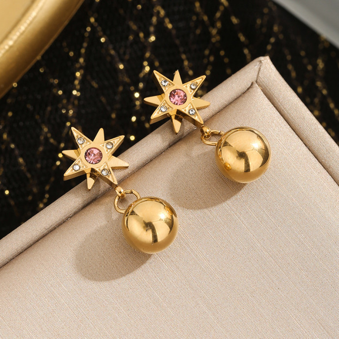 Cross-Border European and American Hot-Selling Stainless Steel Eight-Pointed Star Round Bead Titanium Steel Earrings for Women, Light Luxury Versatile Star Trendy Earrings for Women