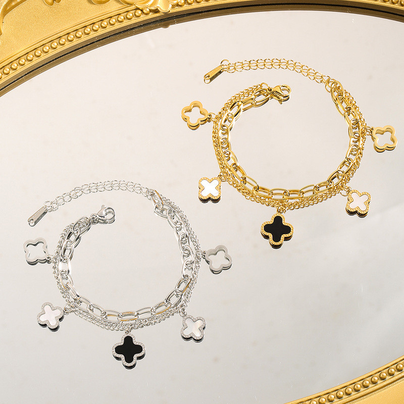 European and American Style Bracelet for Women Four-Leaf Clover Double Layer Chain Titanium Steel Jewelry 18k Rose Gold Elegant Trendy Bracelet Jewelry