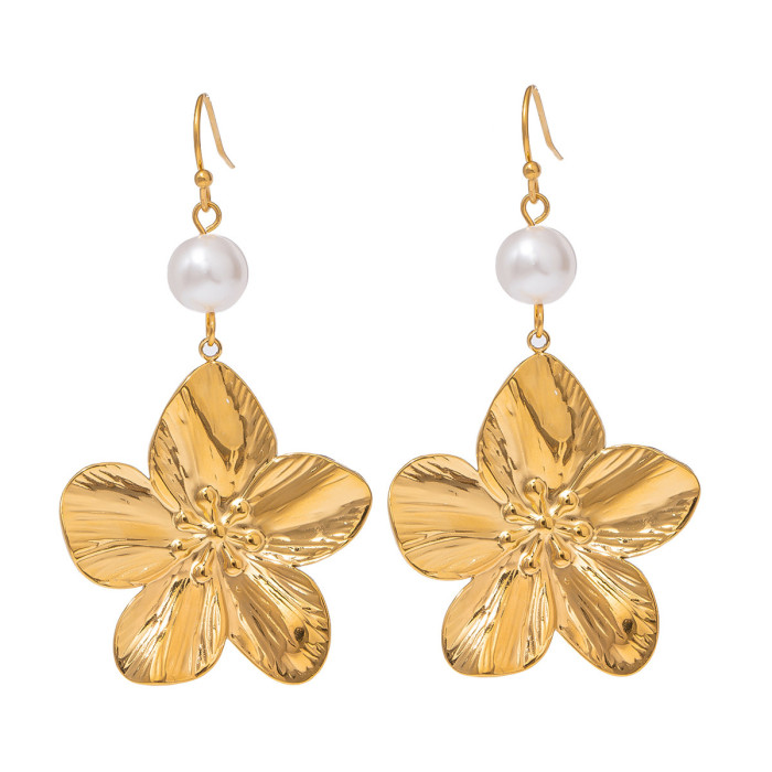 INS 18K Gold Stainless Steel Flower Earrings for Women Fashion Simple Glass Pearl Flower Titanium Steel Ear Hooks
