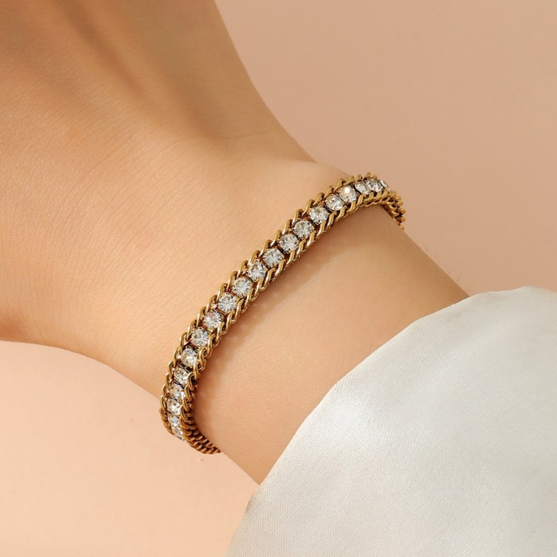 European and American INS Style 18K Gold Double Layer White Zircon Bracelet Cross-Border Versatile Titanium Steel Non-Fading Bracelet Jewelry Wholesale
