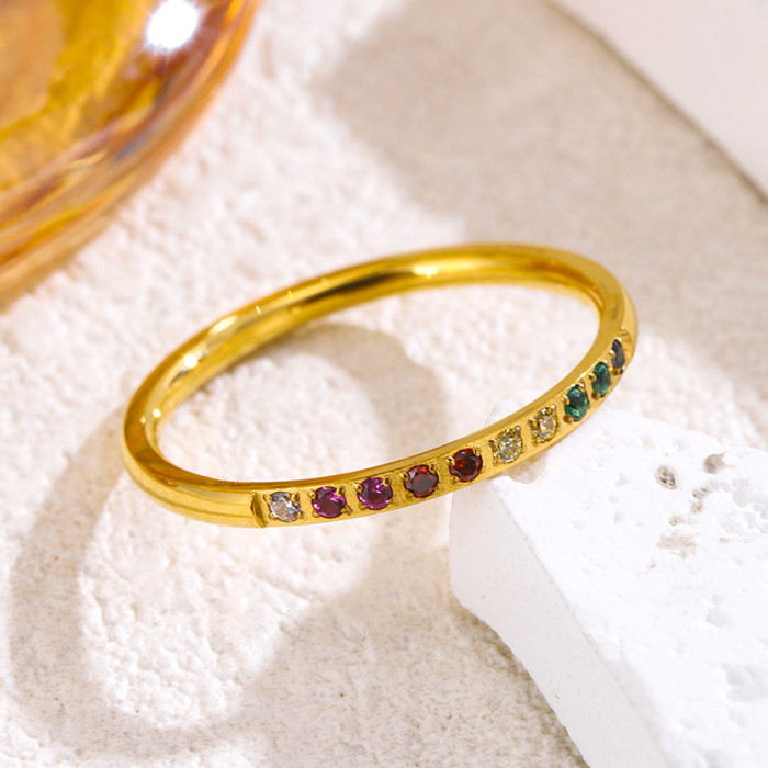 Minimalist Rainbow Color Inlaid Diamond Titanium Steel 18k Gold Plated Ring for Women, Stackable High Color Retention Ring, Niche Design Index Finger Ring