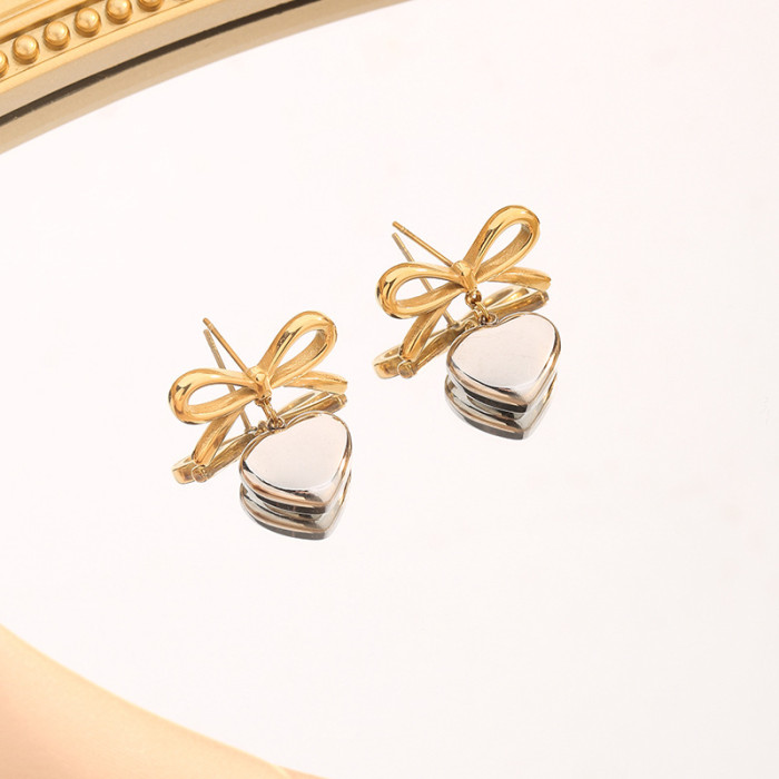 INS Style Popular Personality 18K Gold Stainless Steel Bowknot Heart Pendant Earrings Wholesale for Women