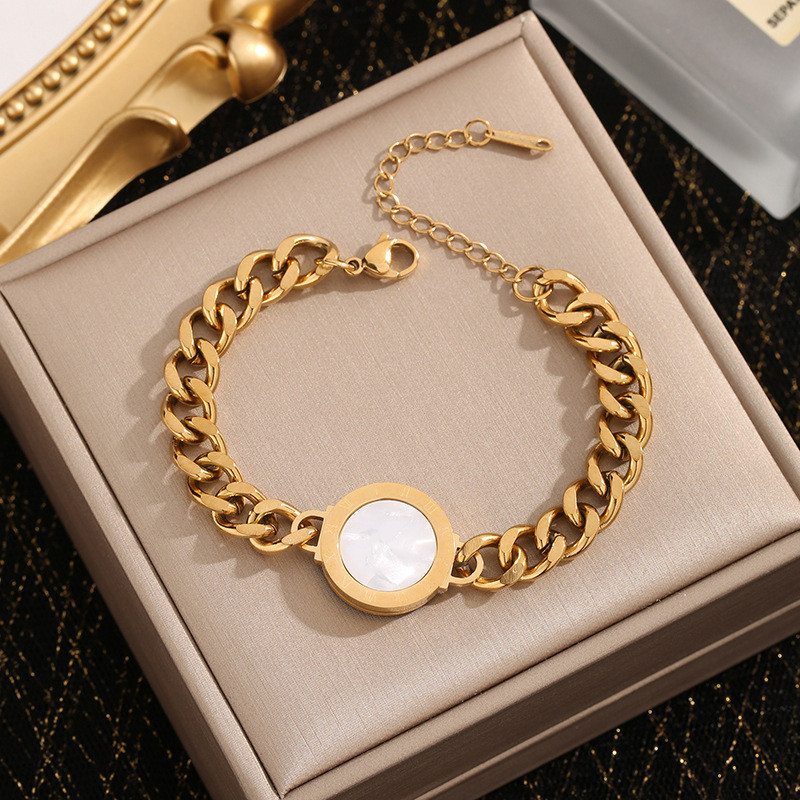 European and American Cross-Border Fashion Niche Thick Chain Black Roman Round Plate Titanium Steel Metal Jewelry High-End Versatile Bracelet