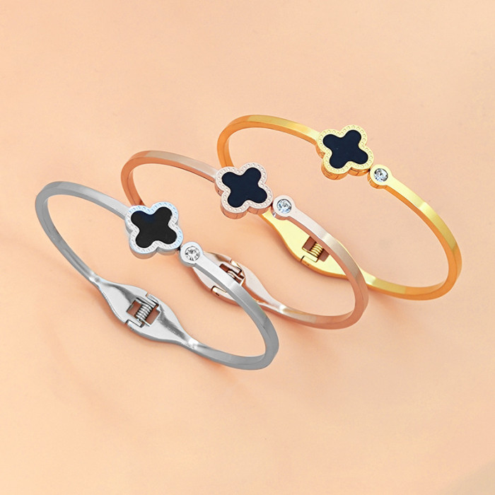 Korean Version Four-Leaf Clover Rose Gold Titanium Steel Bracelet Fashion Hot-Selling Jewelry Inlaid with Stones Ne...