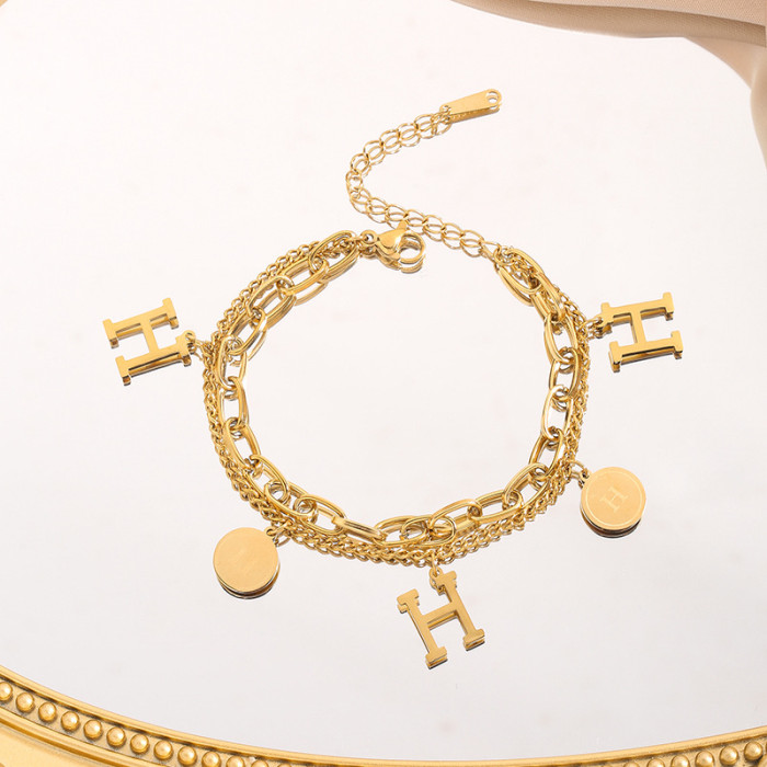 Fashion Titanium Steel Bracelet for Women Double Layer Chain H Letter Light Luxury Elegant Trendy Jewelry Non-Fading,...