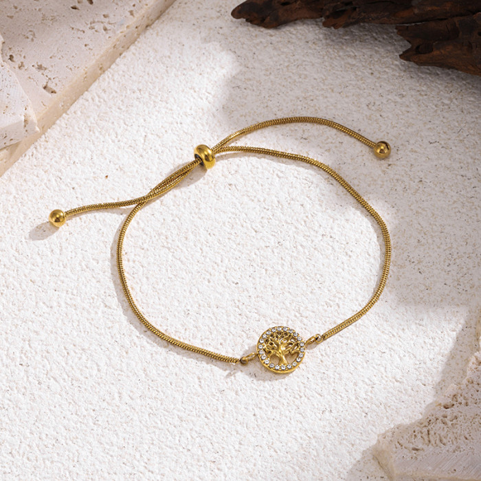 Best Seller in Europe and America Titanium Steel Bracelet Lucky Tree Chain Women's Stone-Embedded Retractable Pull-...