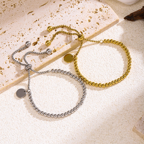 European and American New Style Ins 18K Gold Stainless Steel Simple Fashion Round Tag Adjustable Round Bead Engraved Bracelet Wholesale