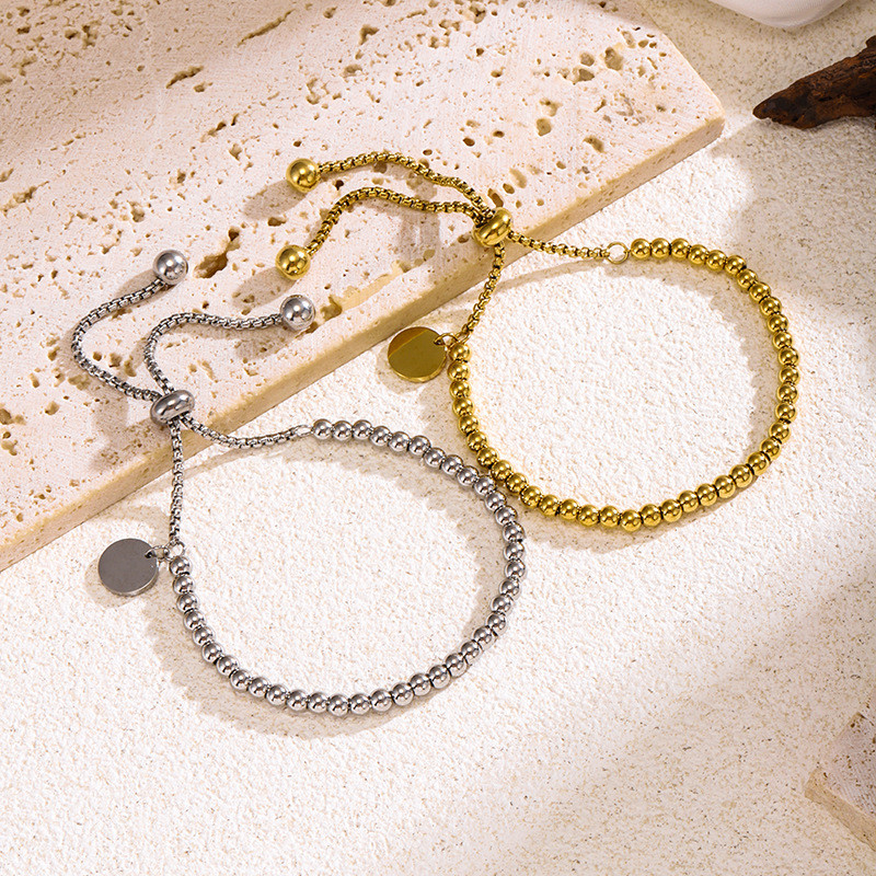 European and American New Style Ins 18K Gold Stainless Steel Simple Fashion Round Tag Adjustable Round Bead Engraved Bracelet Wholesale