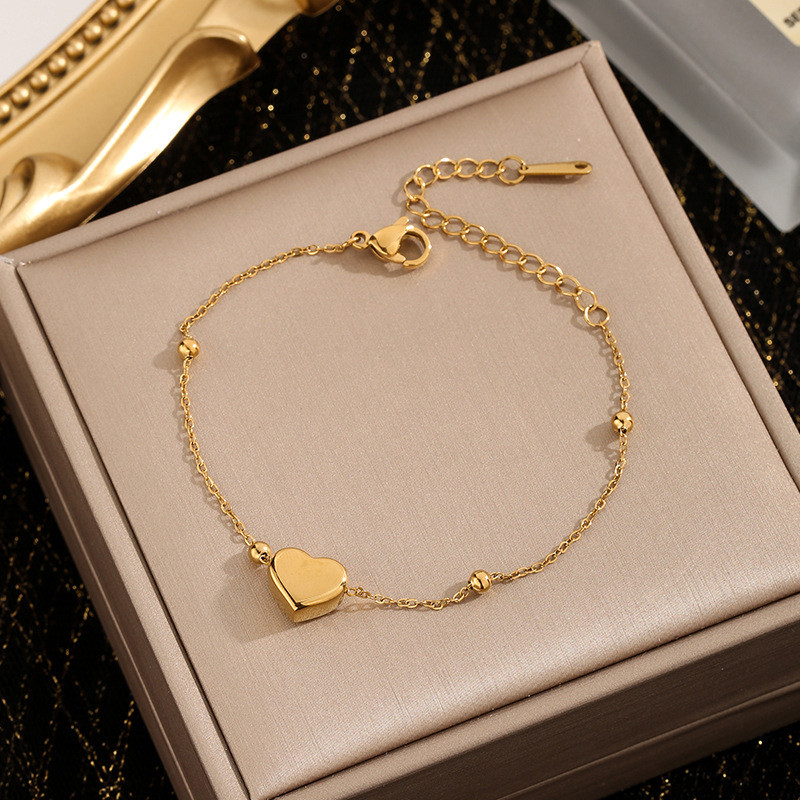 Round Bead Heart Bracelet for Women, Ins Trend, Niche Design, Titanium Steel, Non-Fading, Minimalist Style, Simple and Sweet Hand Jewelry