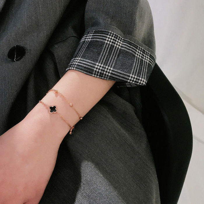 Korean Style Simple Clover Bracelet for Women Fashion Double Layer Chain Titanium Steel 18K Rose Gold Sweet Temperame...