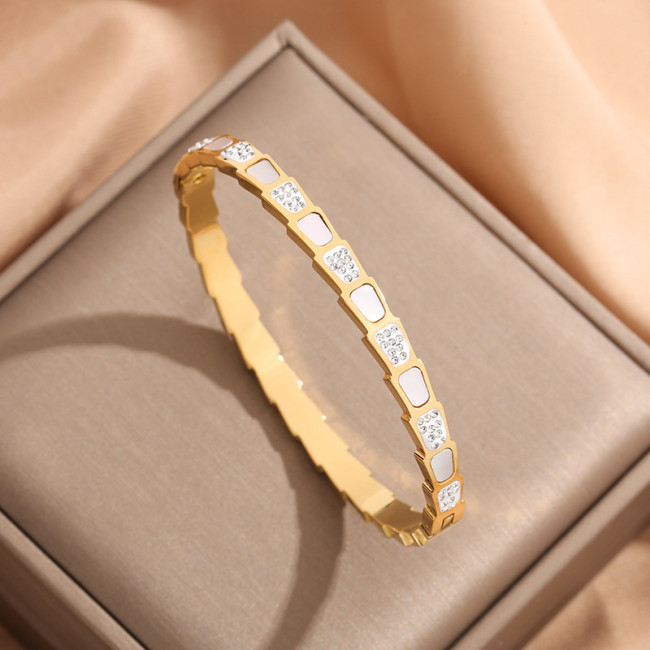 New Snake-Shaped Diamond White Shell Bracelet Fashionable Mother-of-Pearl Snake Bangle Rose Gold Inlaid Diamond Women...
