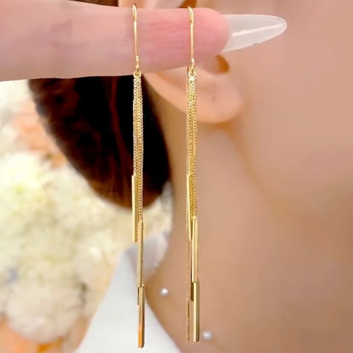 Korean Version Simple New Design Sense Chain Tassel Geometric Long Strip Earrings Fashionable Personality Temperament Titanium Steel Earrings
