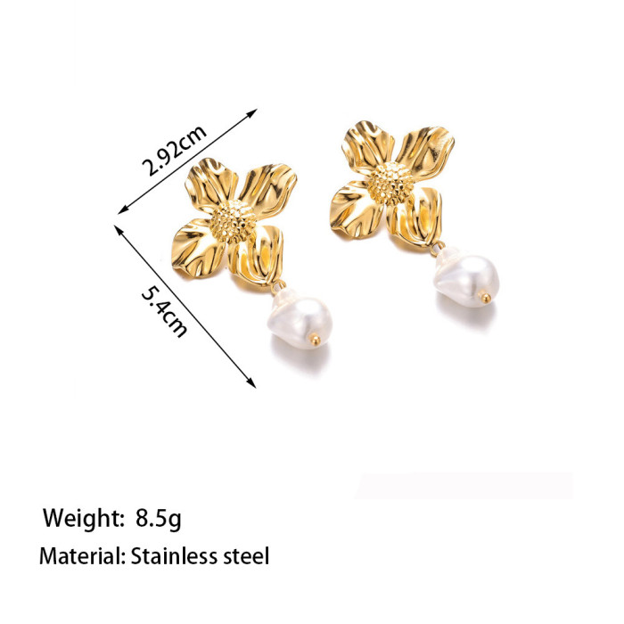High-end Metal Flower Minimalist Pearl Pendant Earrings for Women, Niche Design, Elegant Stud Earrings, Wholesale