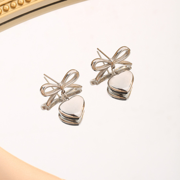 INS Style Popular Personality 18K Gold Stainless Steel Bowknot Heart Pendant Earrings Wholesale for Women
