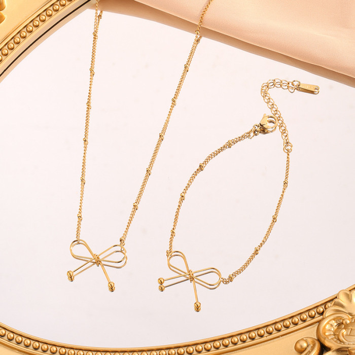 Minimalist Niche Cool Style Bow Pendant Design Sense Jewelry Geometric Clip Bead Chain Titanium Steel Gold Plated Jewelry Set