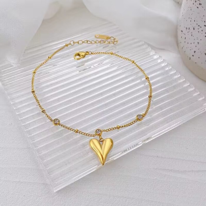 New 18K Gold Heart Anklet with Zircon for Women, Titanium Steel, Non-Fading, Niche Design