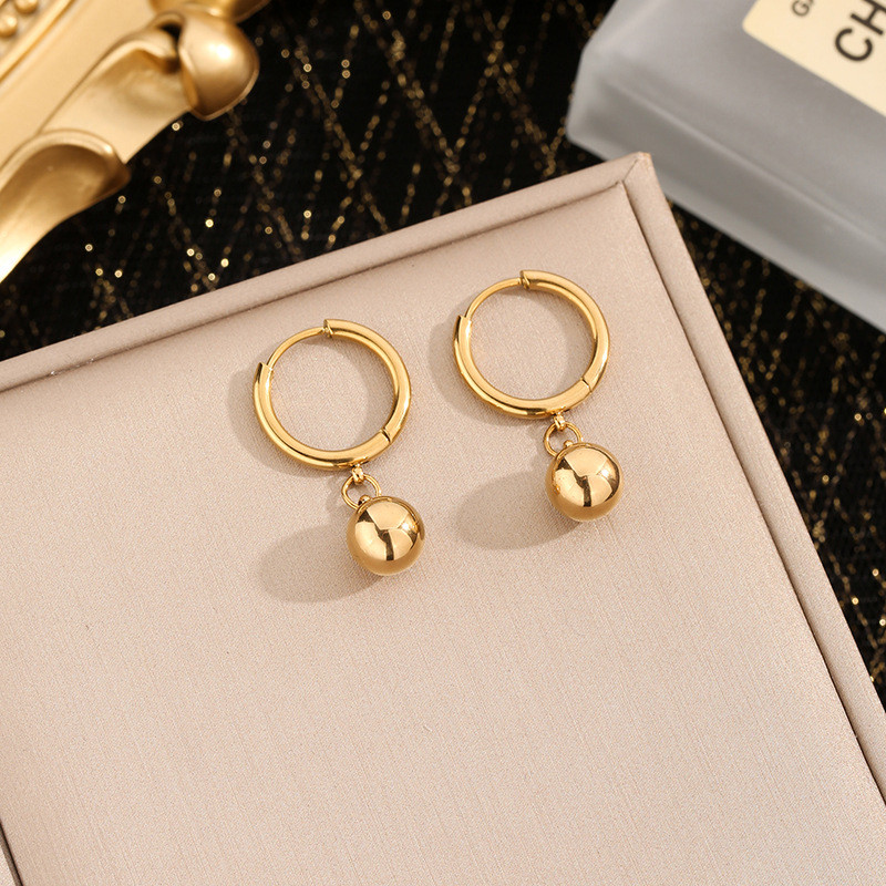 Autumn Winter Earrings for Women Korean Style Titanium Steel Round Bead Earrings Minimalist Hoop Small Ball Gold Bead Ear Cuffs Ear Drops Non-Fading