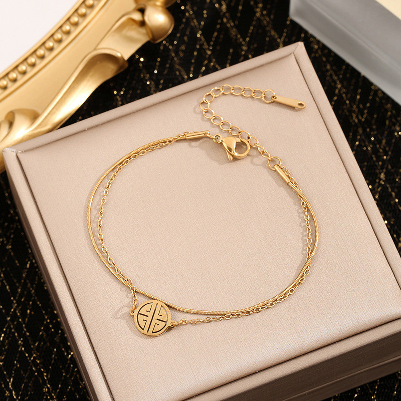 Double Layer Bracelet Ins Niche Design Non-Fading Best Friend Style Internet Celebrity Retro Titanium Steel Double Happiness Bracelet Women's Jewelry