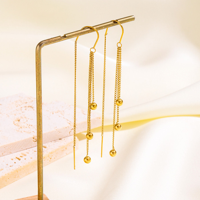 Korean and Japanese New Style Gold Bean Tassel Earrings for Women Titanium Steel 18K Gold Small Bean Versatile Tassel...