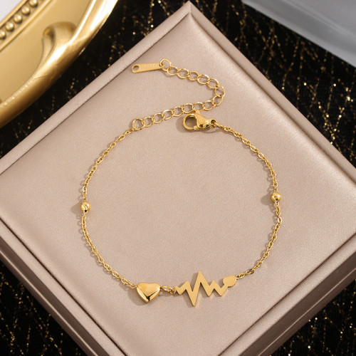 Minimalist Style Beating Heart Geometric Titanium Steel Bracelet for Women, Light Luxury Versatile 18K Gold Plated ECG Versatile Bracelet