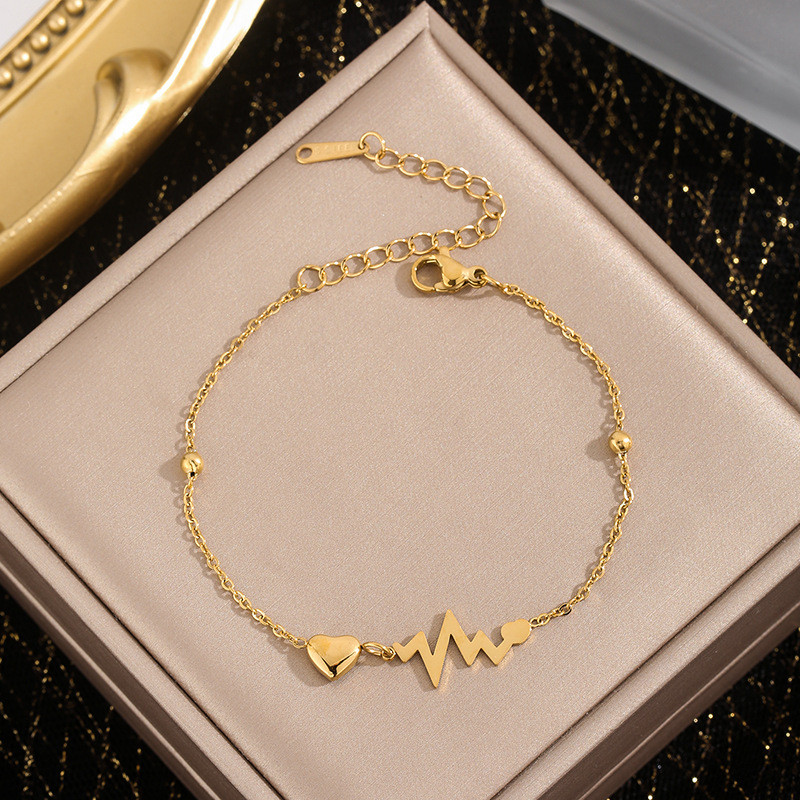 Minimalist Style Beating Heart Geometric Titanium Steel Bracelet for Women, Light Luxury Versatile 18K Gold Plated ECG Versatile Bracelet