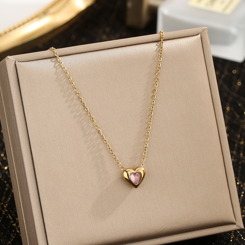 Fashion INS Heart Pink Diamond Simple Zircon Sparkling Collarbone Chain Heart Light Luxury Trendy High-End Versatile Sweater Chain